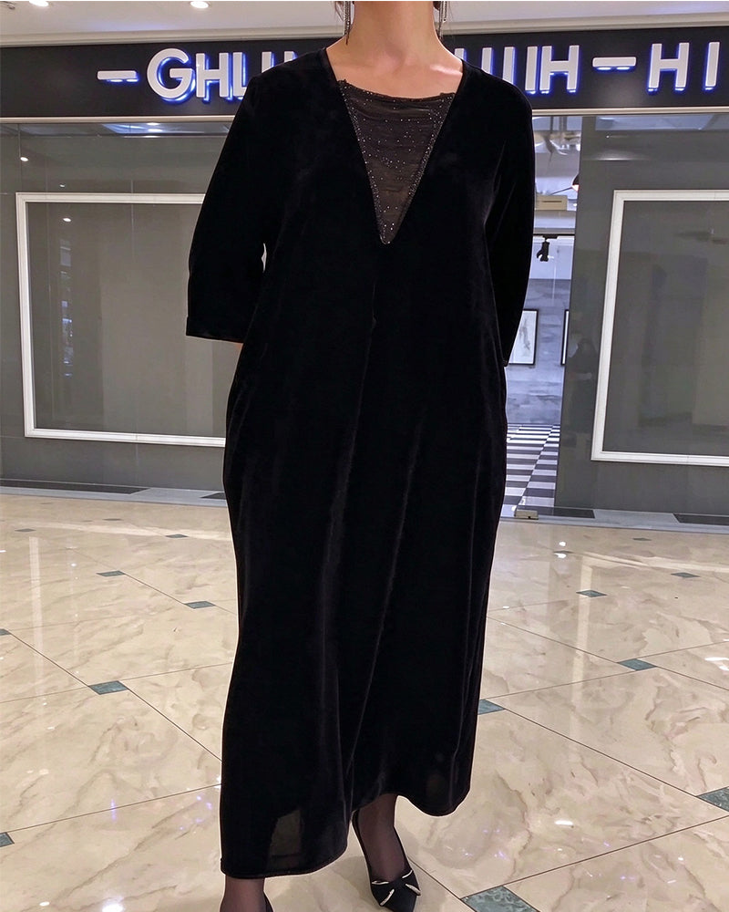 Robe Col En V Manche Mi-Longue Ample Évasée