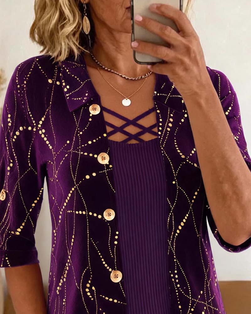 Blouse Revers Bouton Devant Croisé Fausse Superposition