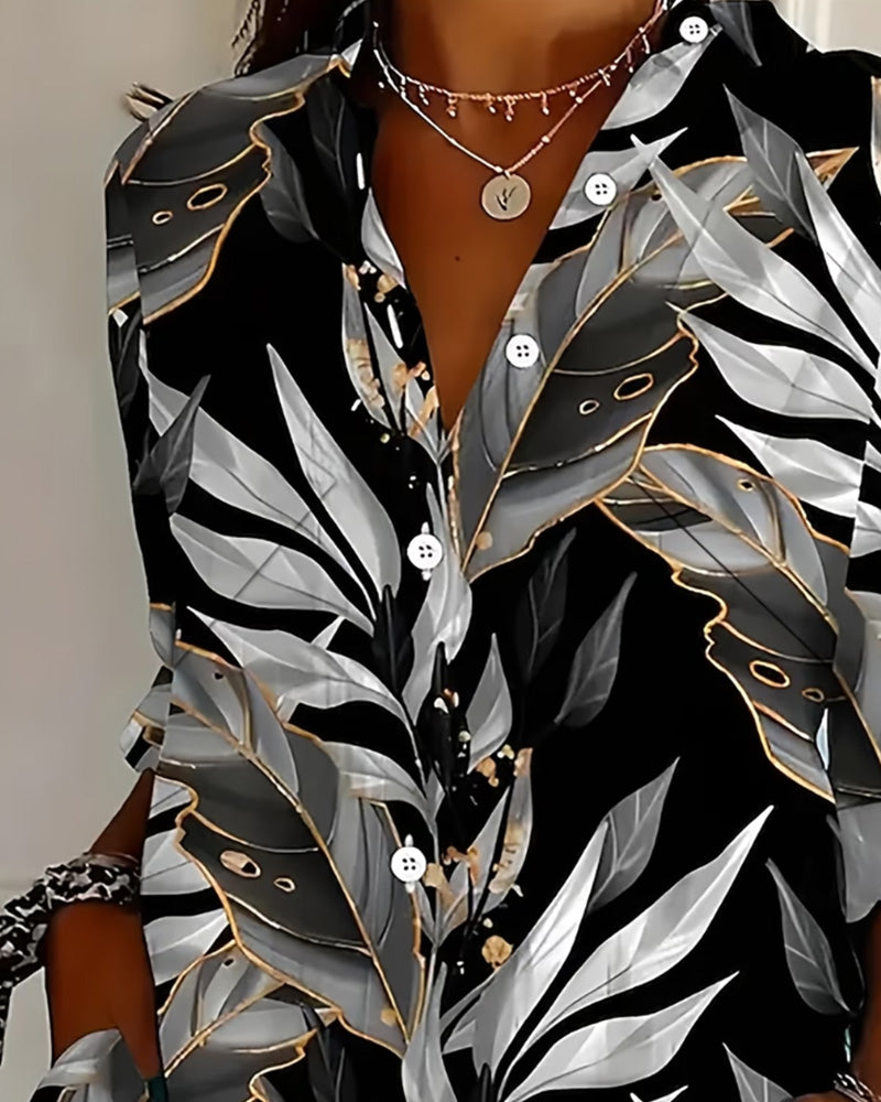 Blouse Feuille Imprimé Manche Longue