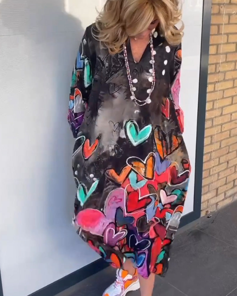 Robe à col en V à imprimé cœur avec manches longues