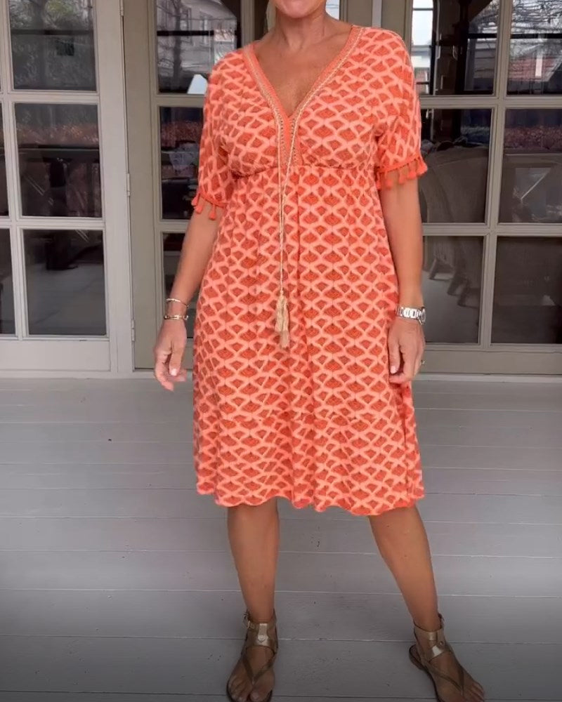 Robe col V imprimée à franges