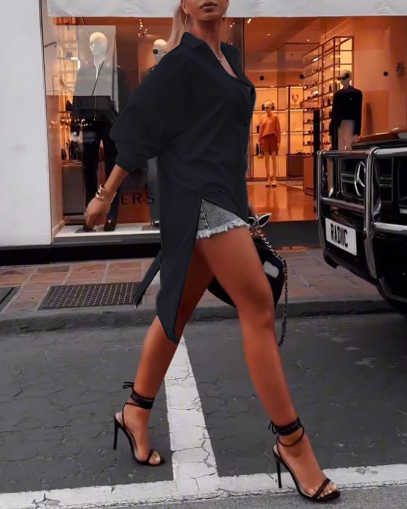 Chemise décontractée fendue à revers de couleur unie