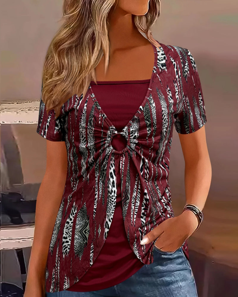 Blouse à Manches Courtes Imprimée Faux Deux Pièces