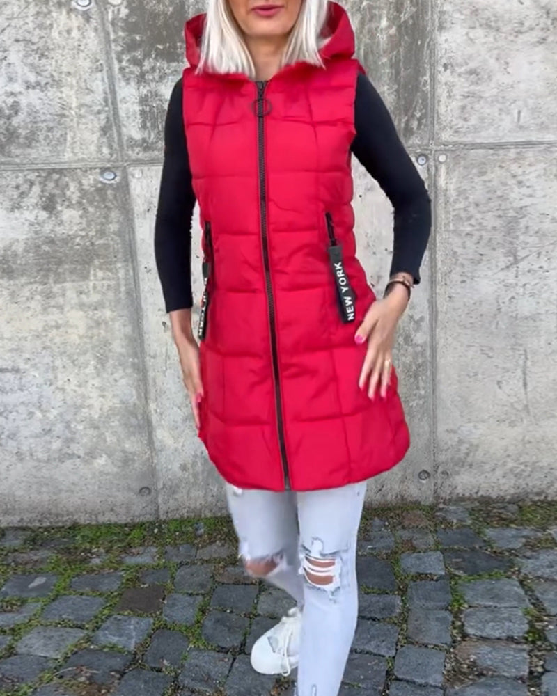 Manteau matelassé sans manches à capuche et fermeture éclair
