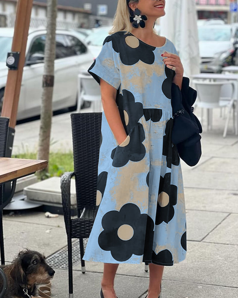 Robe ample à imprimé floral et poche à col rond
