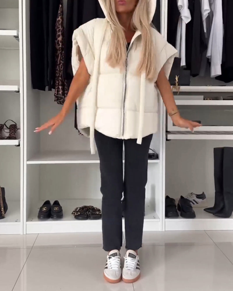 Vestes matelassées à manches courtes avec fermeture éclair et capuche de couleur unie