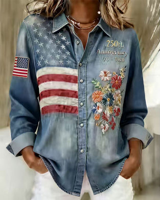 Chemise Col Rabattu Imprimer Broderie