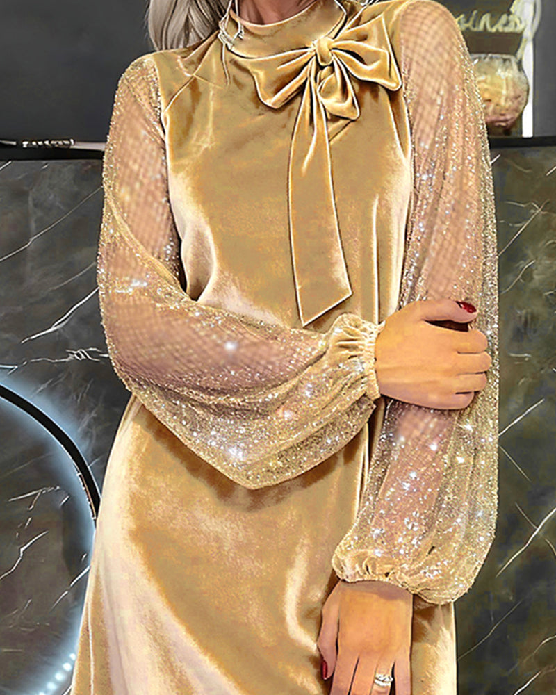 Robe Élégante À Manches Ballon Et Patchwork