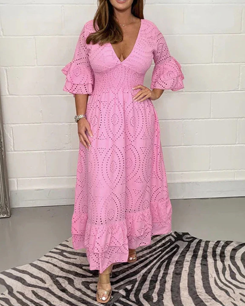 Robe taille haute ample à col en V de couleur unie