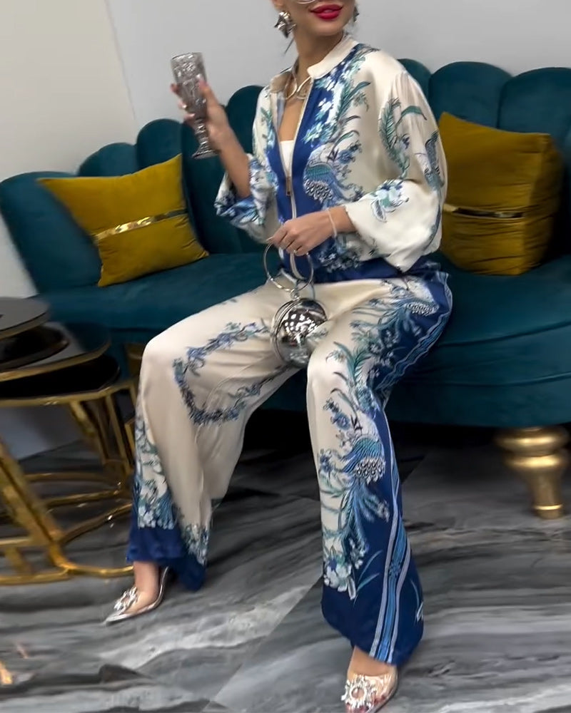 Costume à Pantalon Large Tempérament Col Montant Fermeture Éclair