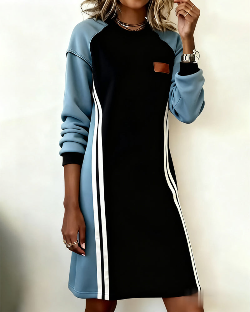 Robe Manches Longues Panachage Col Rond Droit