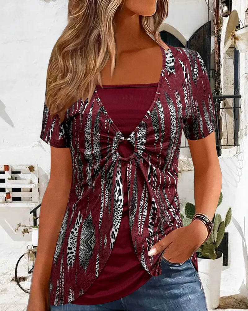 Blouse à Manches Courtes Imprimée Faux Deux Pièces