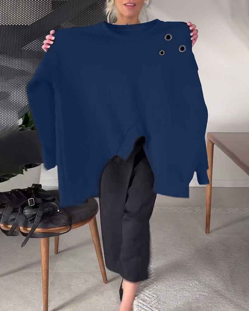 Sweat-shirt décontracté à col rond et fente de couleur unie