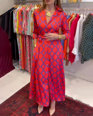 Robe chemise col V manches 3/4