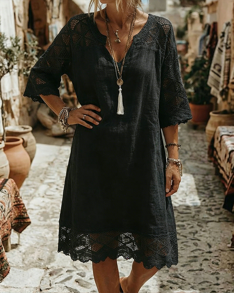 Robe Col V Dentelle Patchwork Décontractée