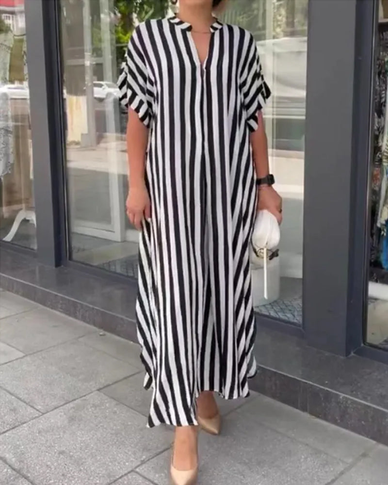 Robe chemise à col en V et imprimé rayé