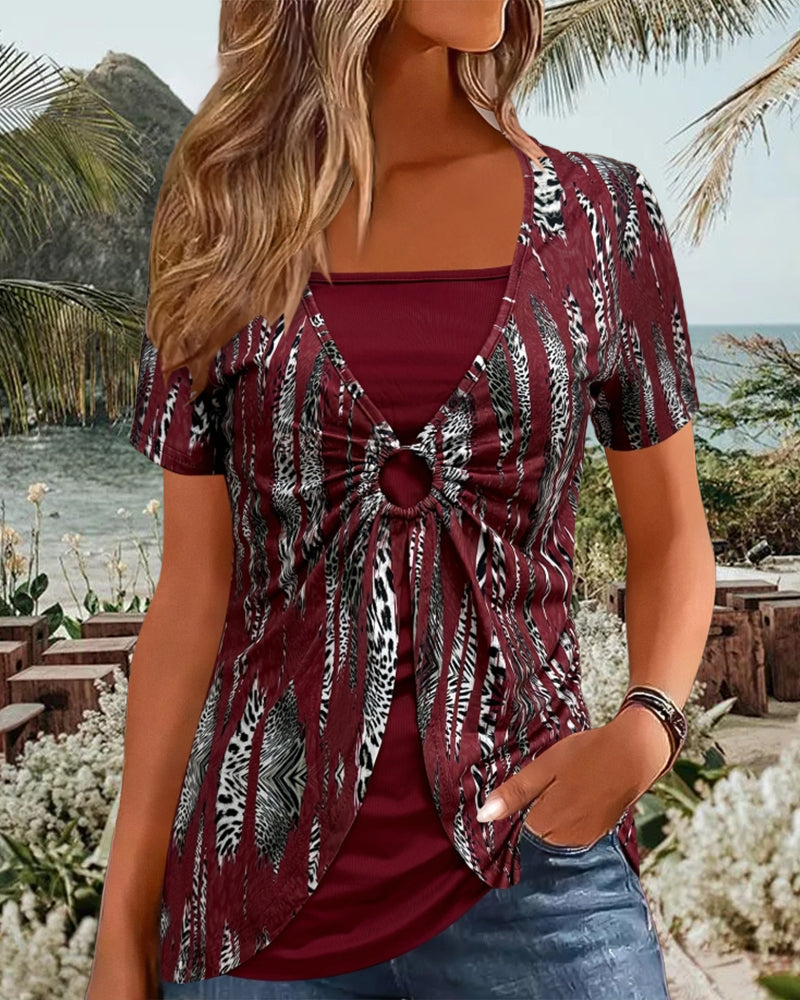 Blouse à Manches Courtes Imprimée Faux Deux Pièces