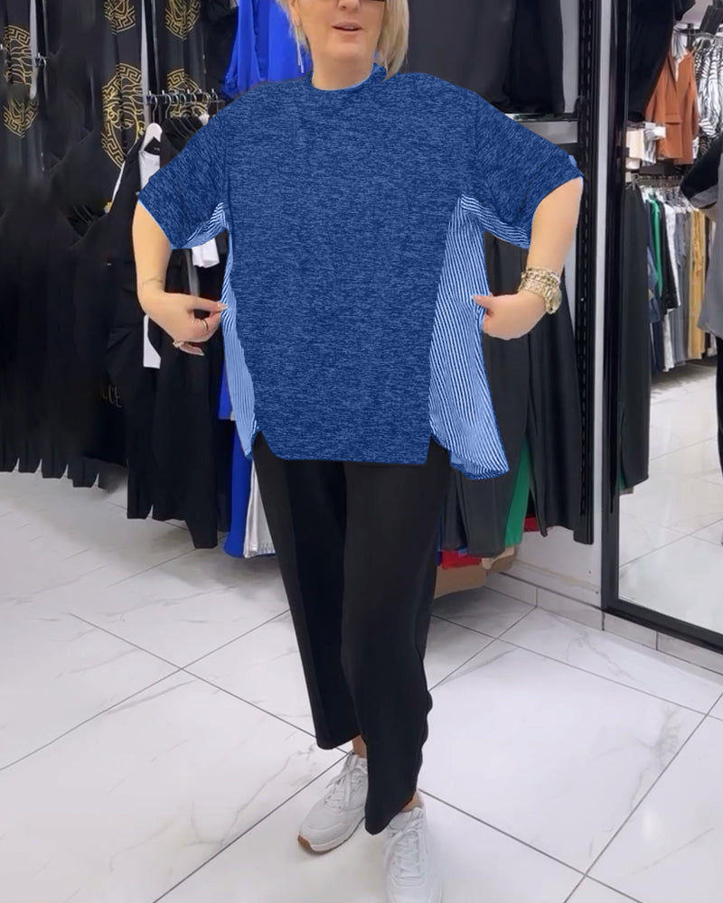 Blouse décontractée patchwork à fines rayures