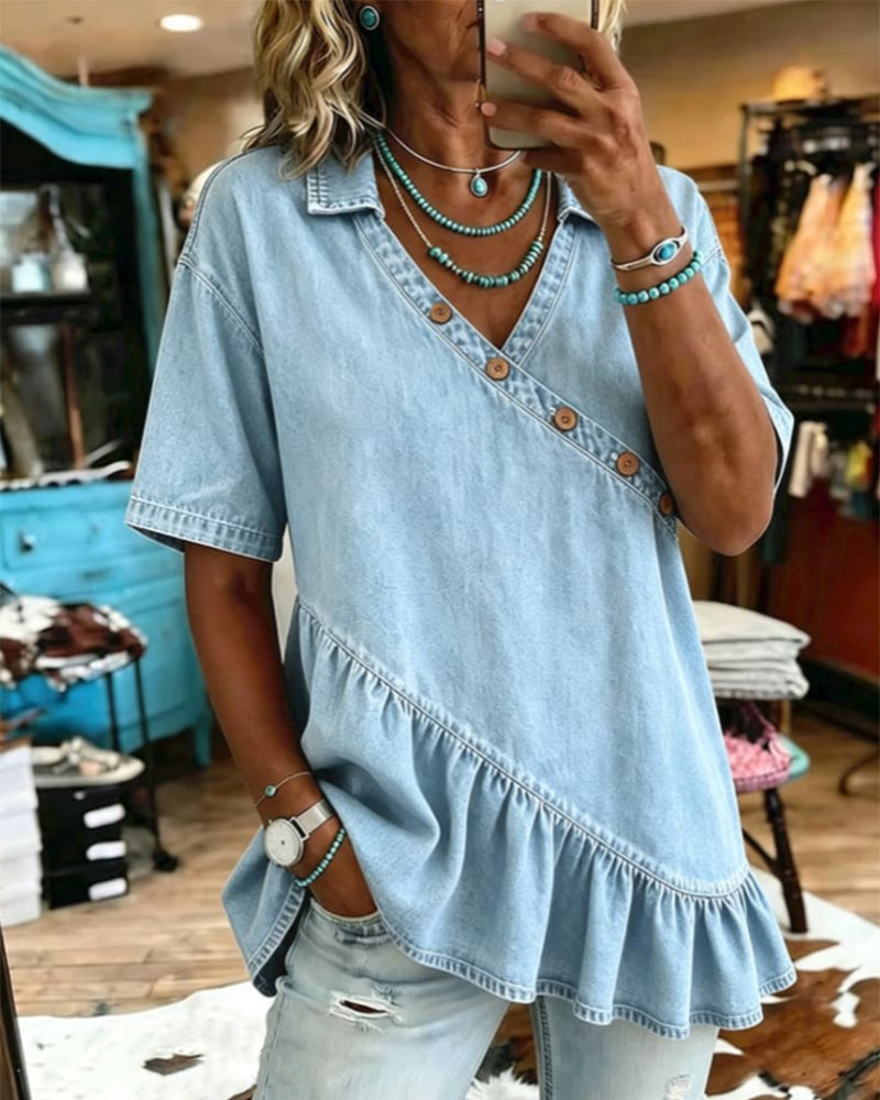 Blouse Asymétrique Bouton Denim Volant