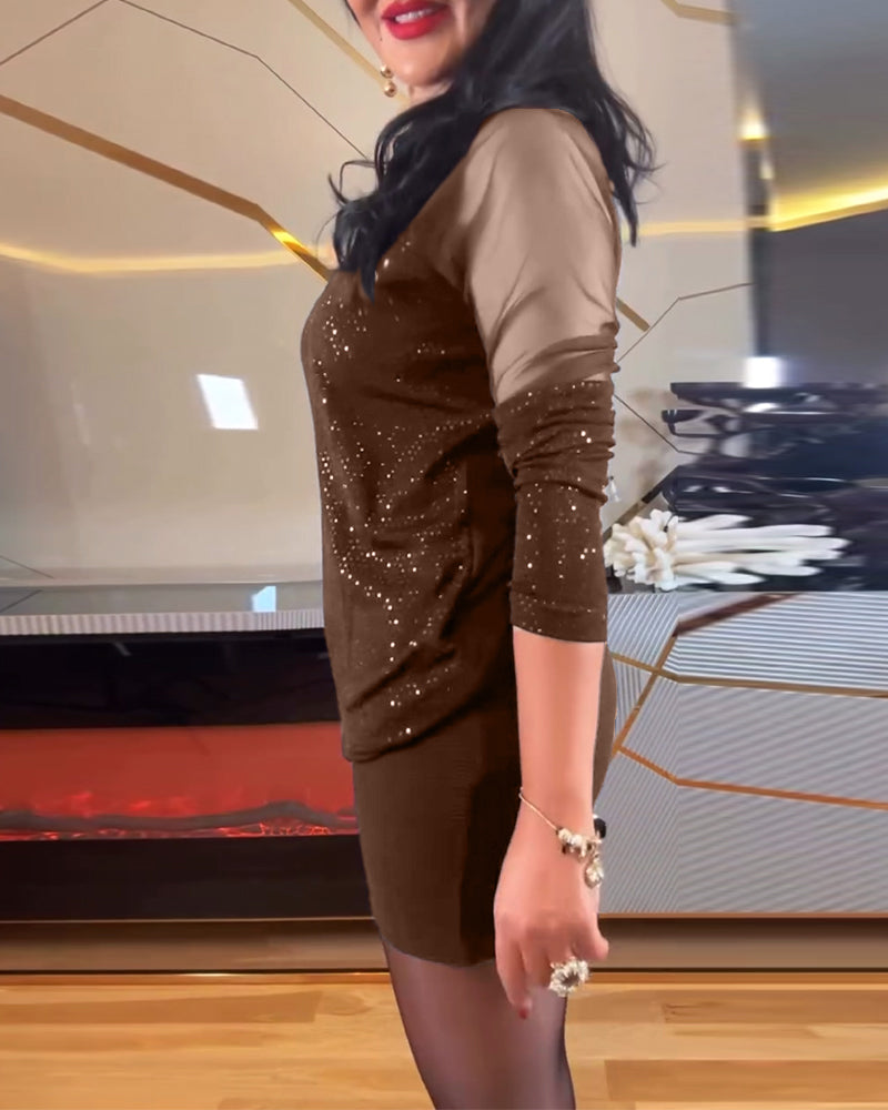 Top sexy col V en maille et sequins couleur unie