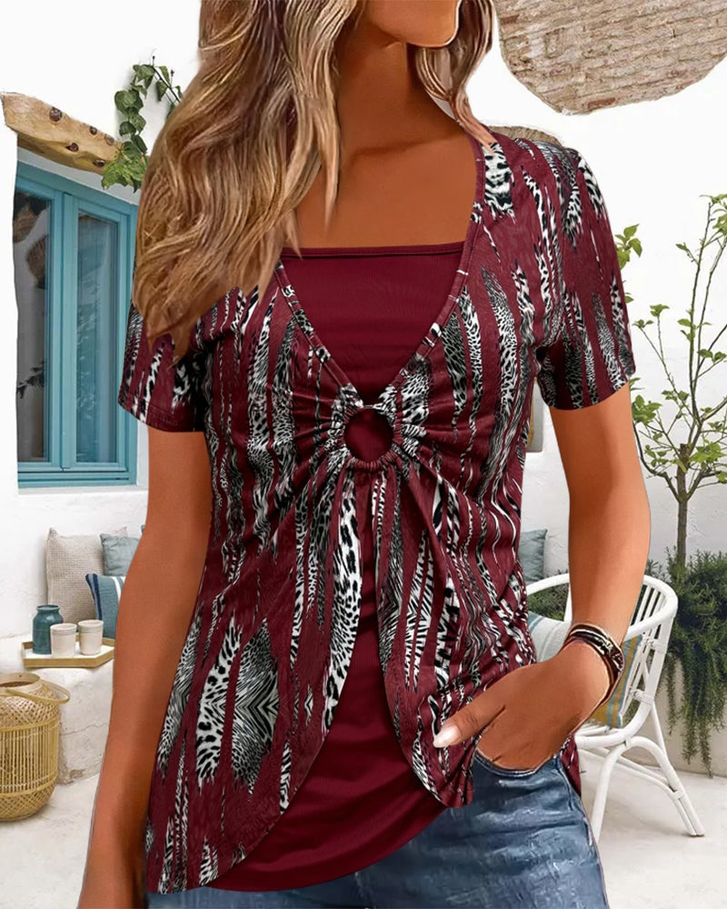 Blouse à Manches Courtes Imprimée Faux Deux Pièces