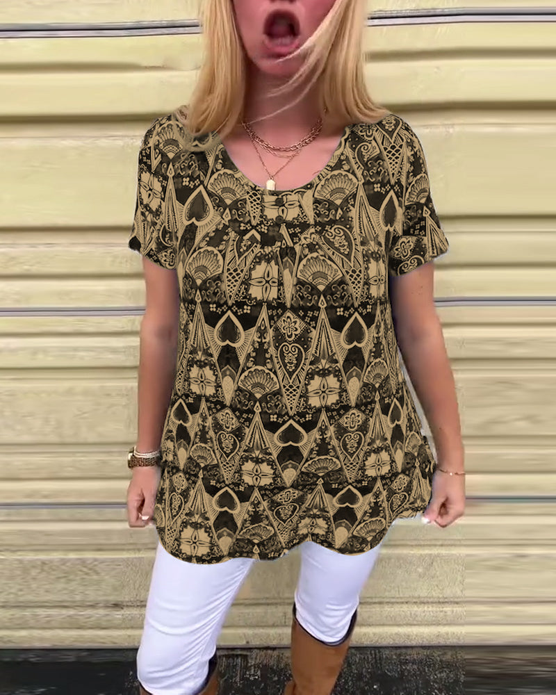 T-shirt décontracté rétro col rond imprimé