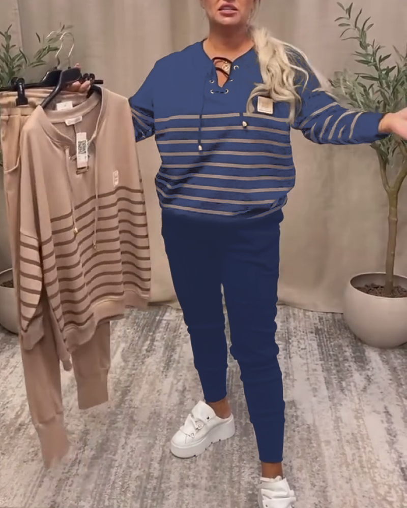 Ensemble Deux Pièces Décontracté Pantalon De Sport Rayé À La Cheville