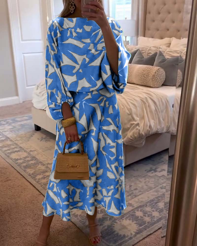 Ensemble Robe Décontractée Imprimé Manches Lanterne Tempérament