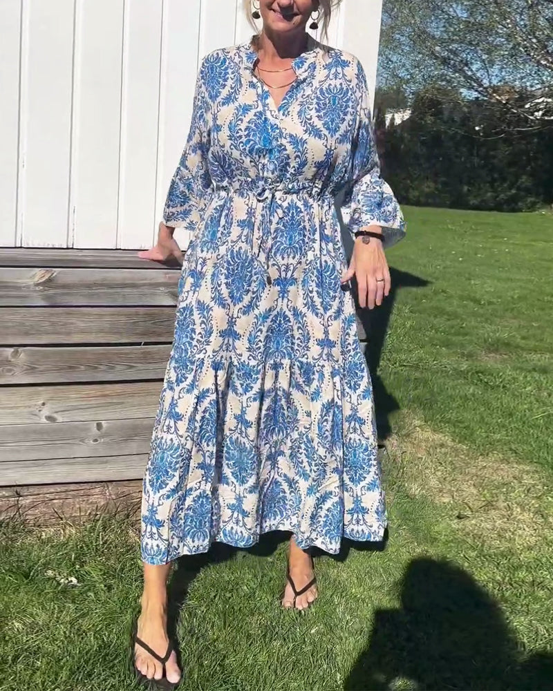 Robe imprimée à cordon de serrage et manches cloche