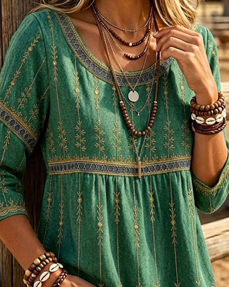Blouse Col Rond Trois Quarts Manches Retro
