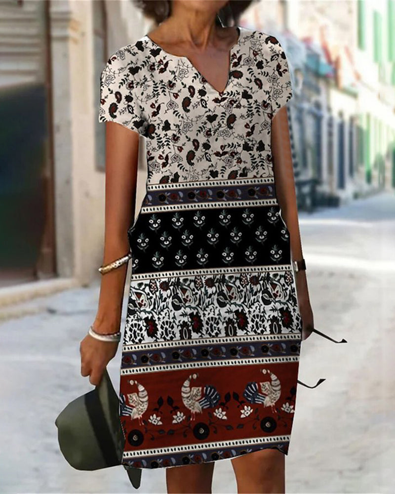 Robe col V avec imprimé bloc de couleur