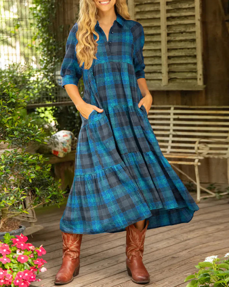 Robe À Revers Carreaux Manches Mi-Longues