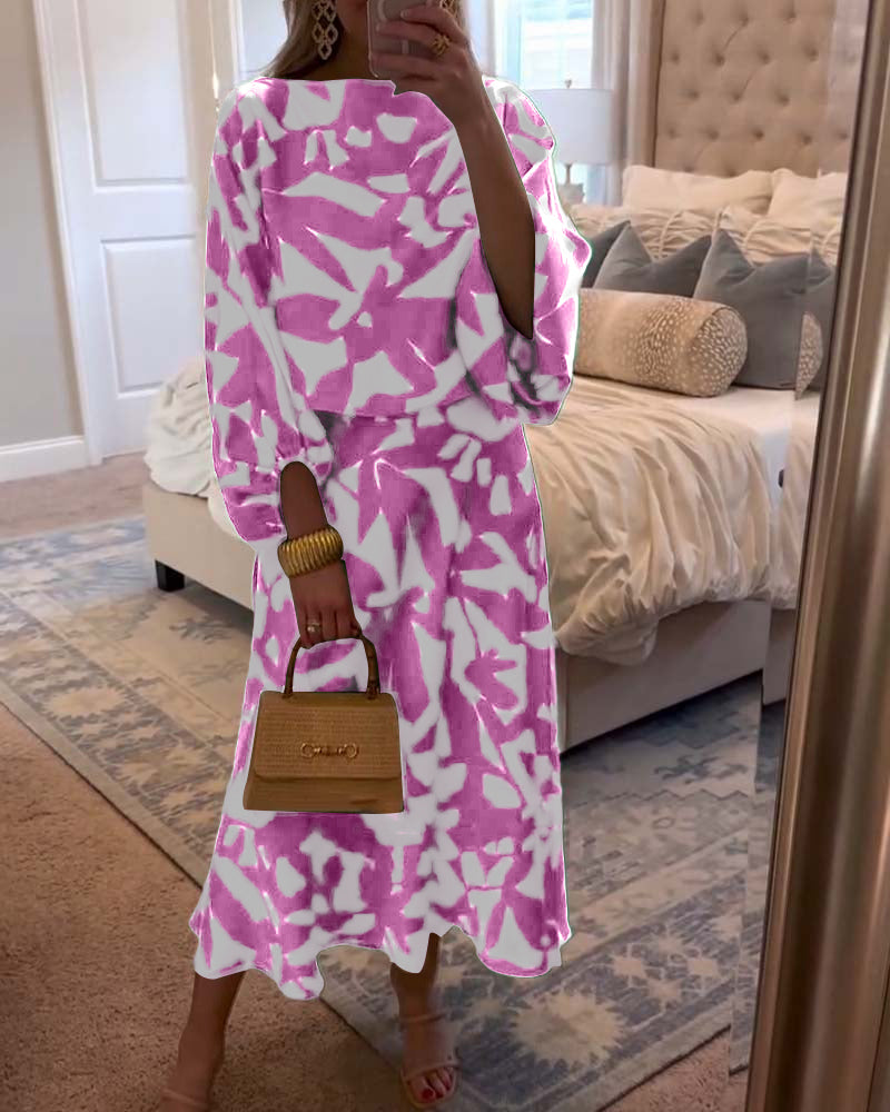Ensemble Robe Décontractée Imprimé Manches Lanterne Tempérament