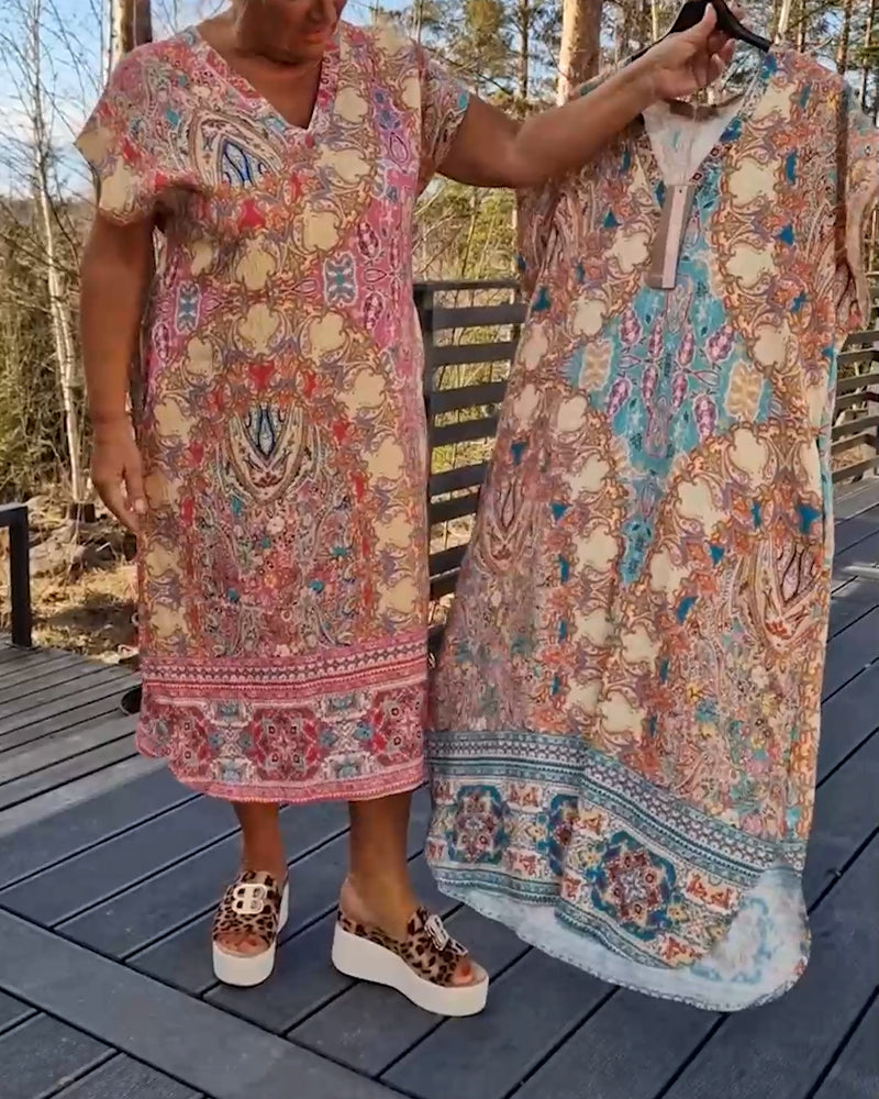 Robe Col En V Manches Courtes Imprimée Droite