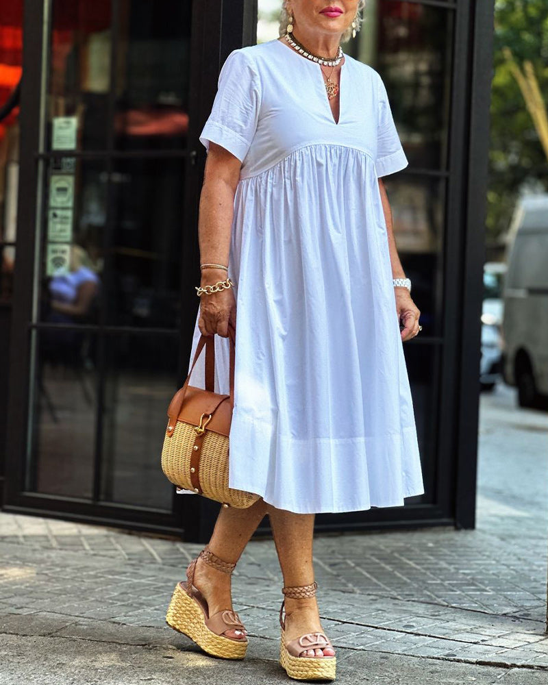 Robe plissée de couleur unie à manches courtes patchwork