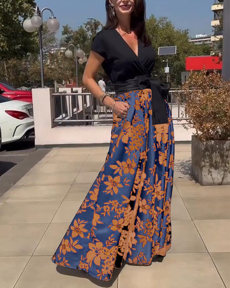 Robe élégante à imprimé floral et manches raglan en V profond