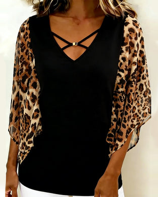 Blouse Manche Chauve-Souris Imprimé Léopard Patchwork