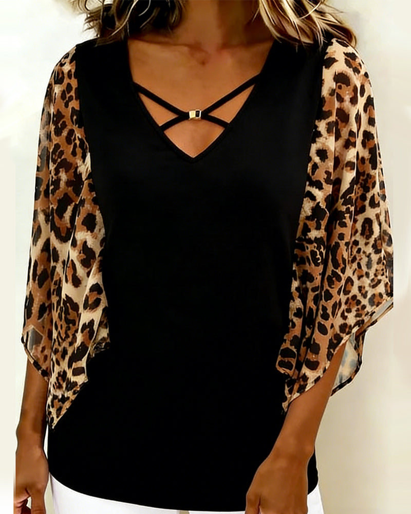 Blouse Manche Chauve-Souris Imprimé Léopard Patchwork