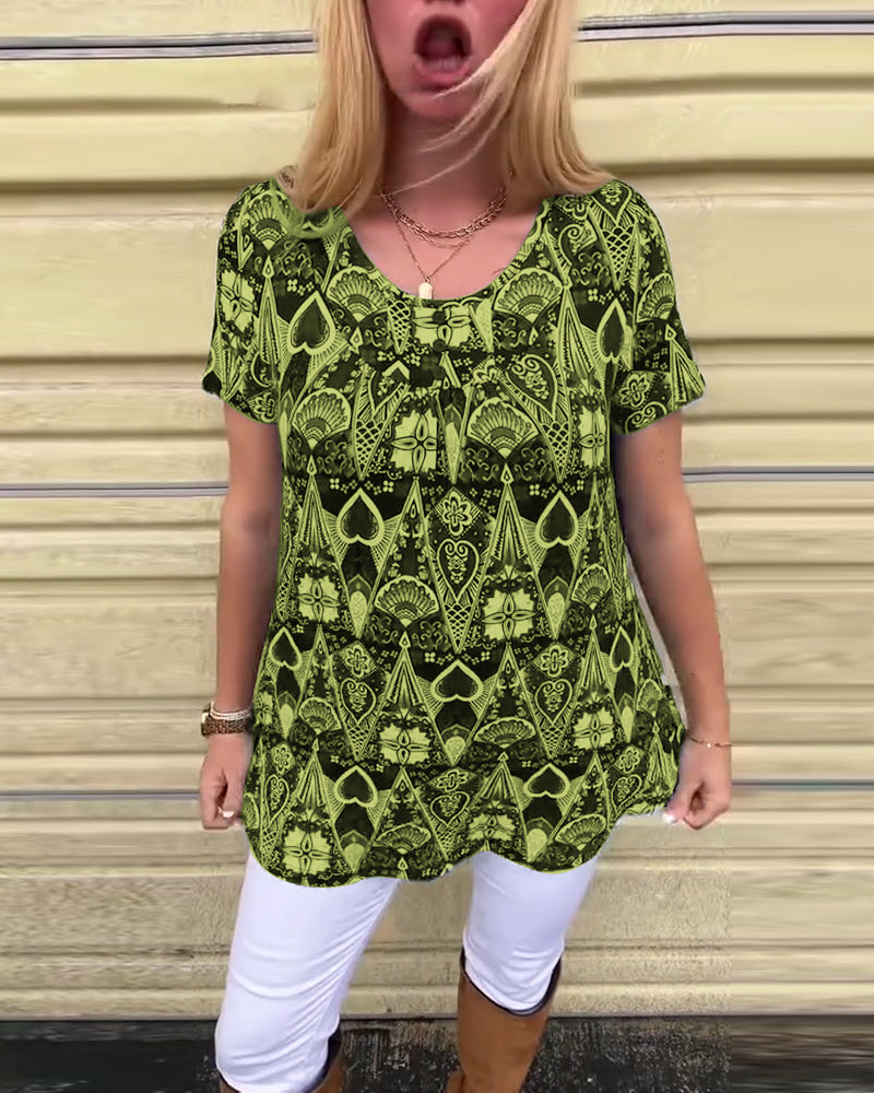 T-shirt décontracté rétro col rond imprimé