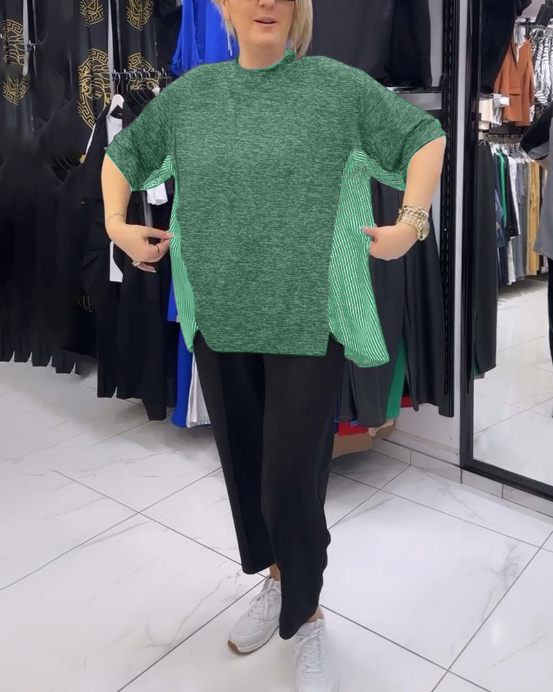 Blouse décontractée patchwork à fines rayures