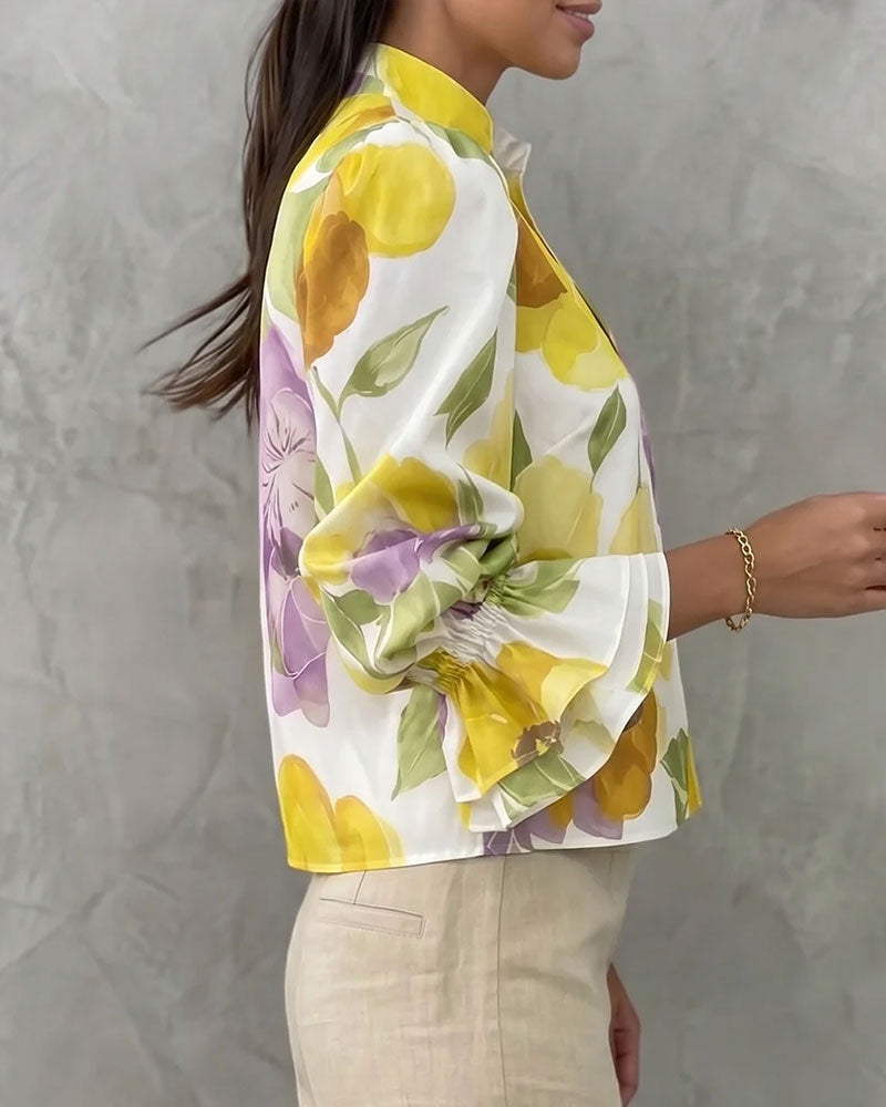 Blouse À Col Montant À Manches Longues À Grands Fleurs Aquarelle
