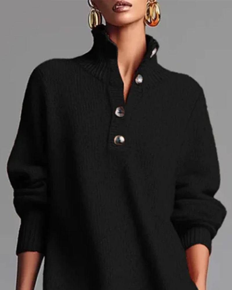 Robe Couleur Unie À Boutons Et Col Haut