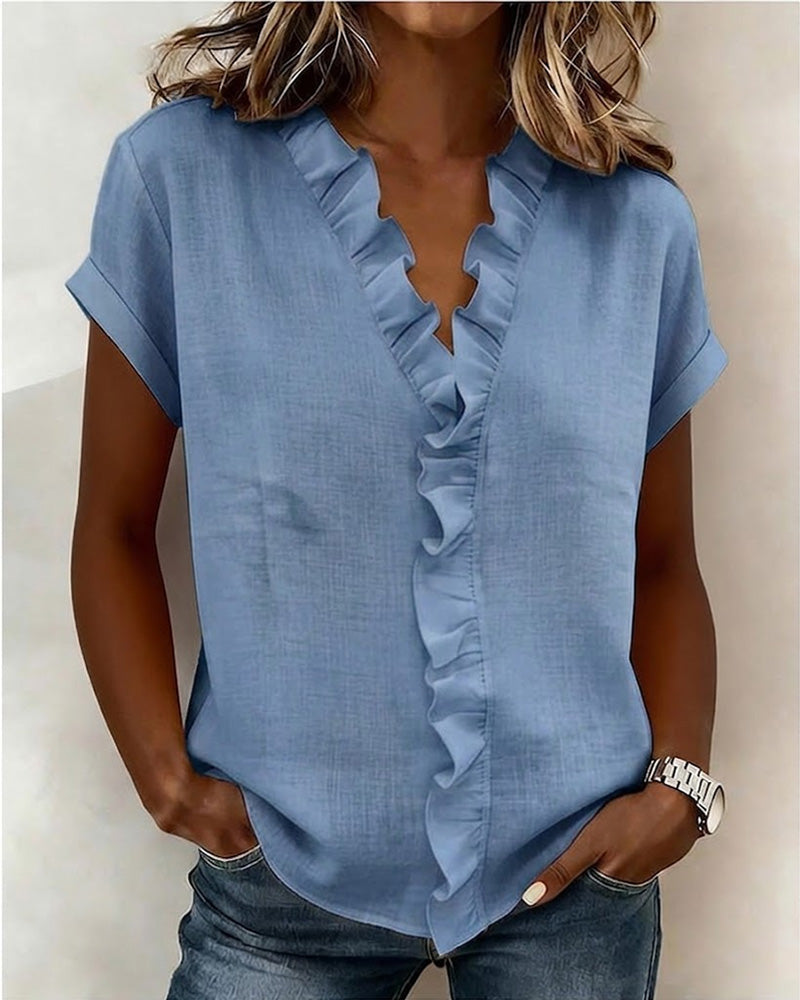 Blouse À Manches Courtes En Pur Coton Avec Col À Volants