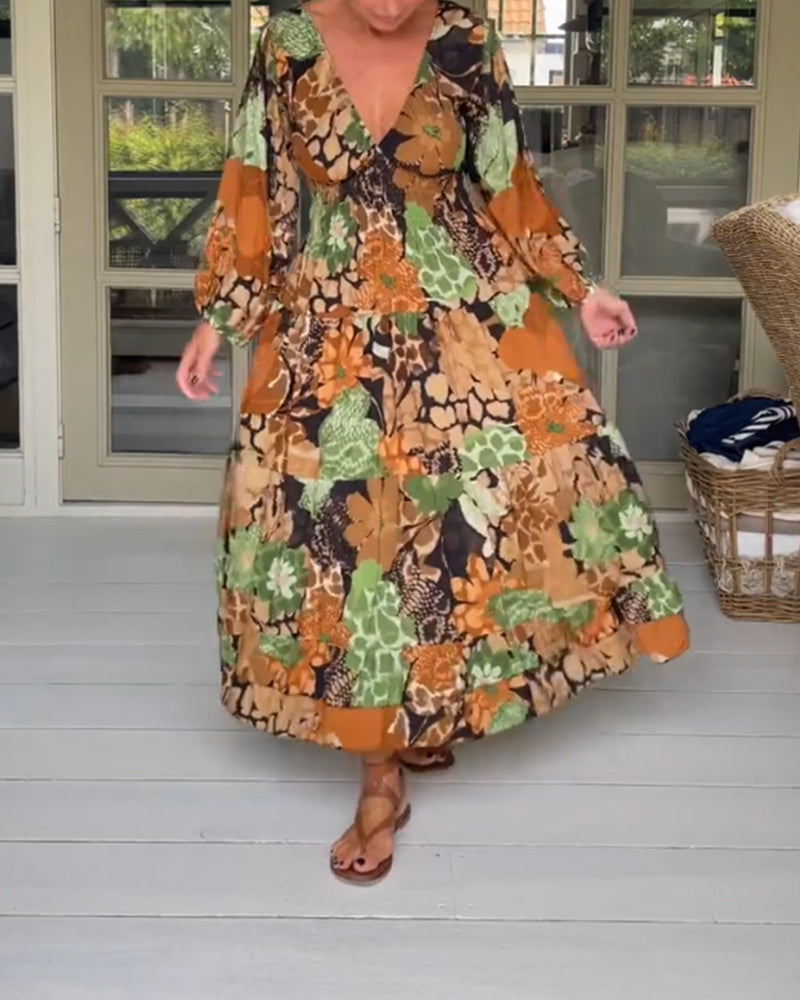 Robe imprimée manches longues col V