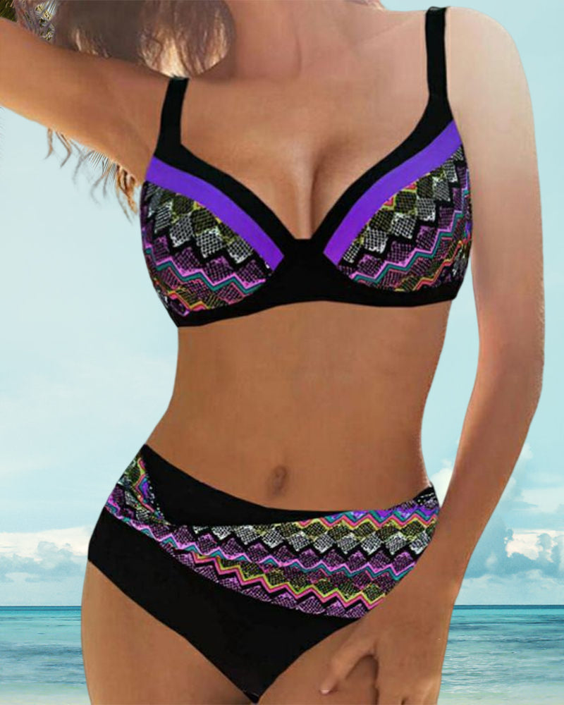 Bikini push up taille haute à imprimé rayé