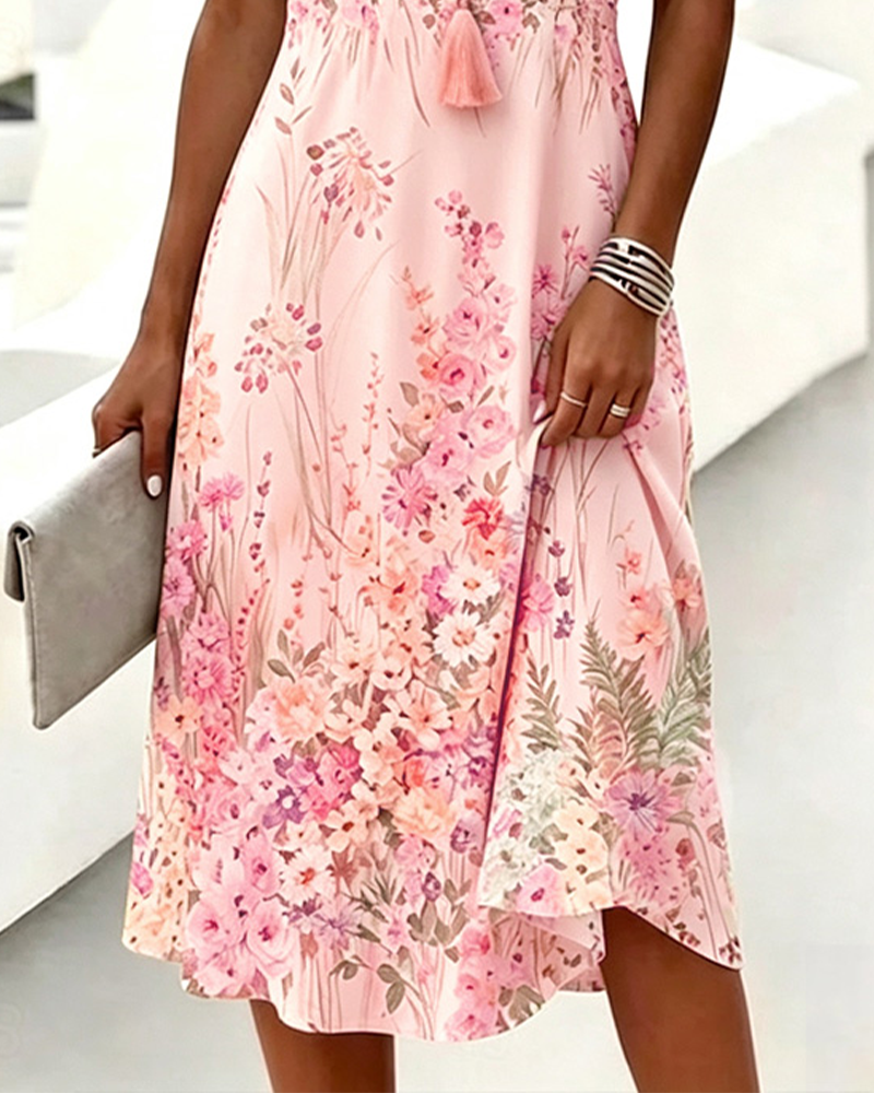 Robe Col V Florale Manche Courte A-Ligne