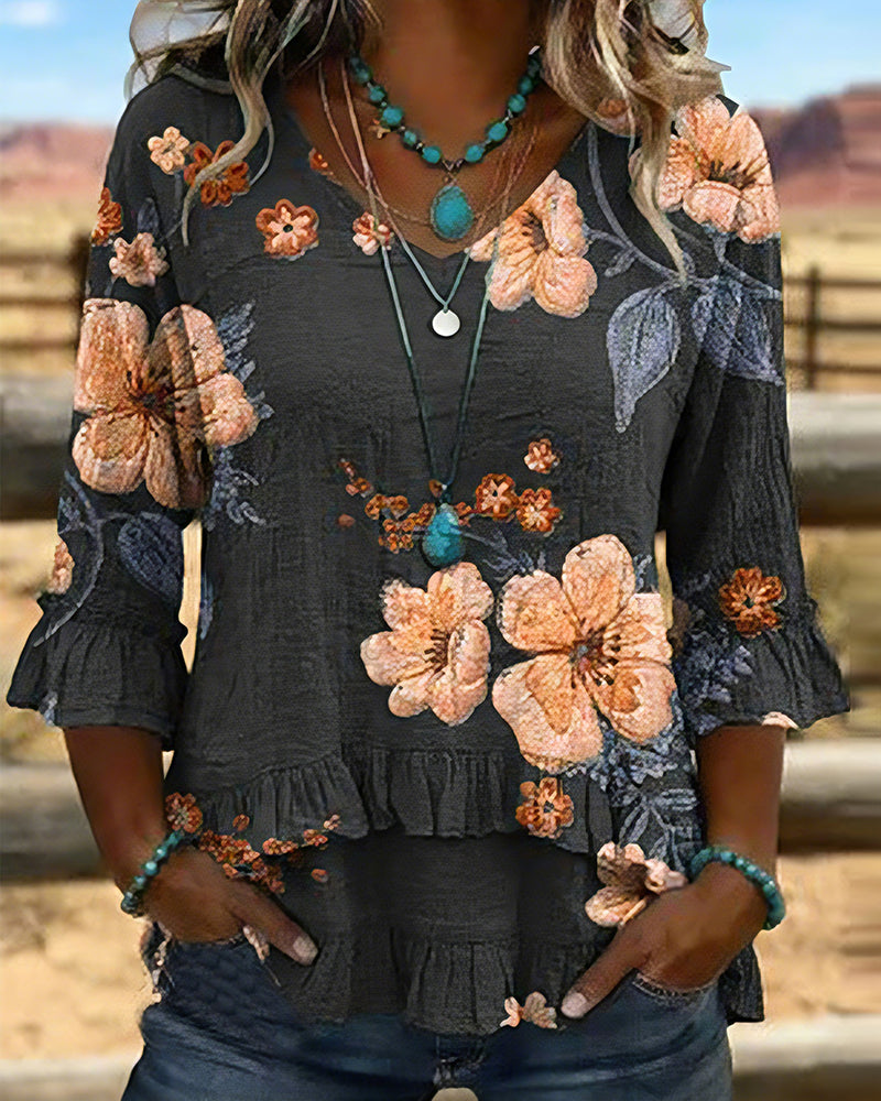 Blouse Col En V Vintage Fleuri Coupe Loose