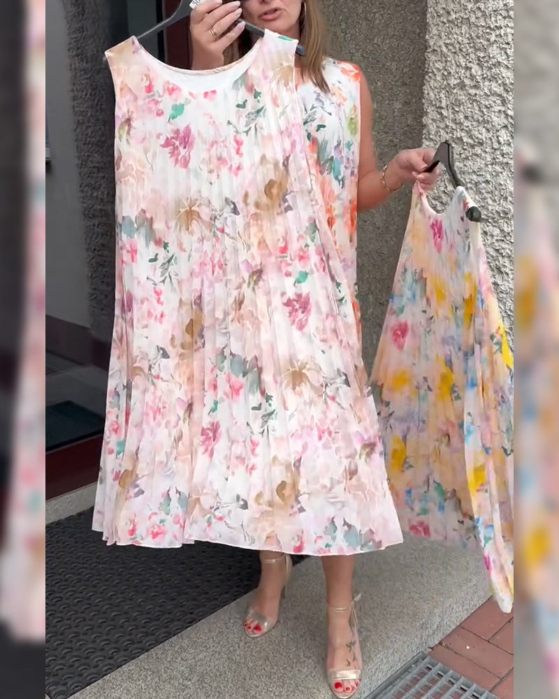 Robe Sans Manches Plissée Fleurie