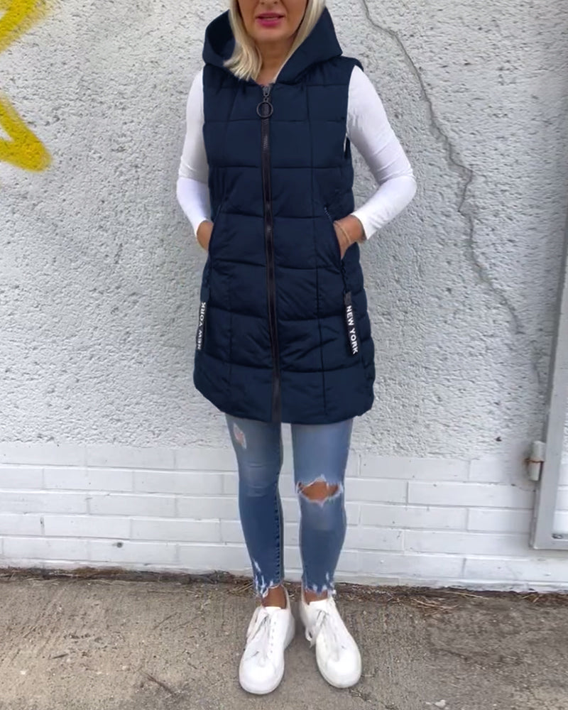 Manteau matelassé sans manches à capuche et fermeture éclair
