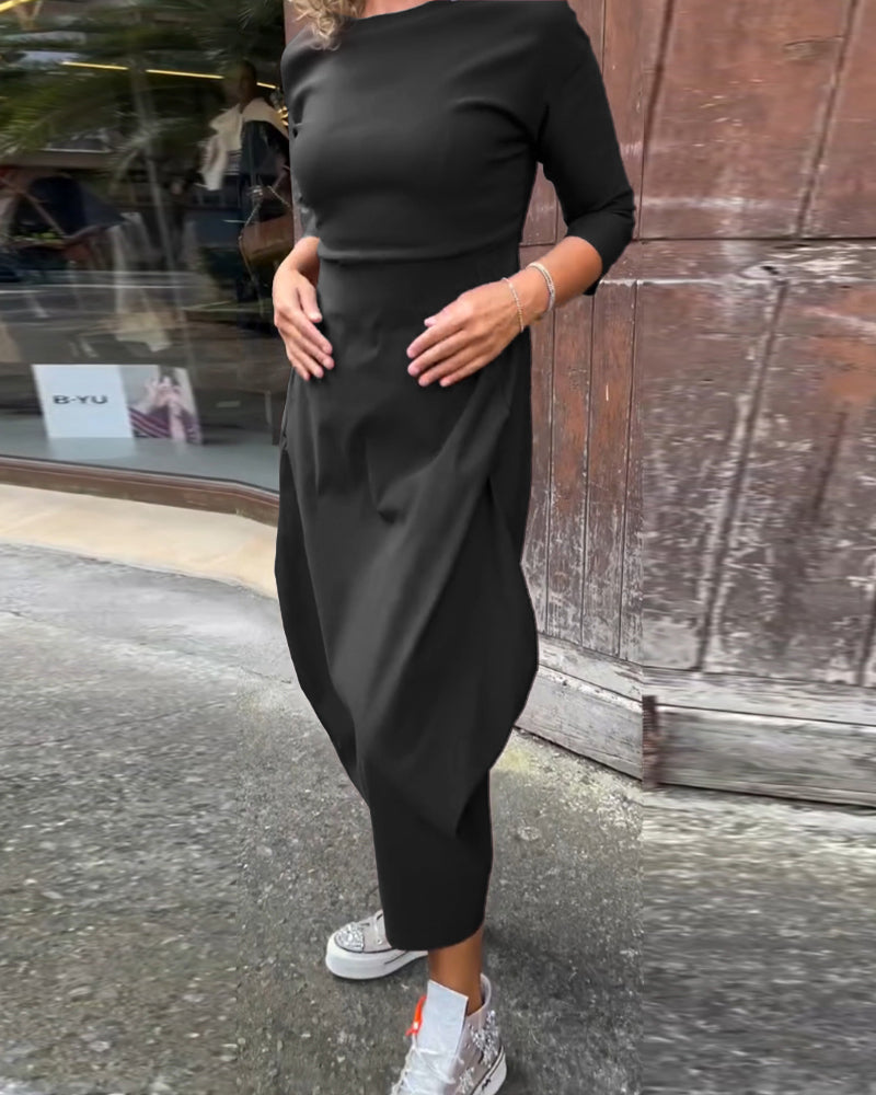 Robe élégante simple à manches longues avec poche de couleur unie